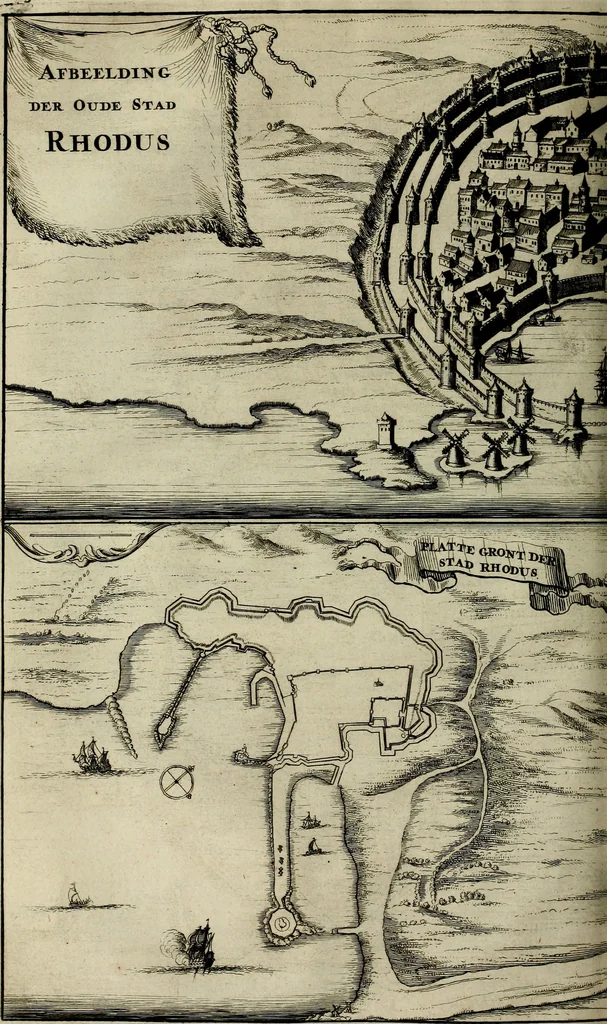 An illustration from Naukeurige beschryving der eilanden, in de archipel der Middelantsche zee, en ontrent dezelve, gelegen : waer onder de voornaemste Cyprus, Rhodus, Kandien, Samos, Scio, Negroponte, Lemnos, Paros, Delos, Patmos, en andere in groten getale, behelzende der zelver benamingen, gelegentheden, steden, kastelen, gedenkwaerdige aeloude en hedendaeghse geschiedenissen, bestieringen, veroveringen, gewassen, dieren, &c. : verrijkt met zee- en eilant-kaerten, en afbeeldingen van steden, dieren, gewassen &c., 1688, leaf 129