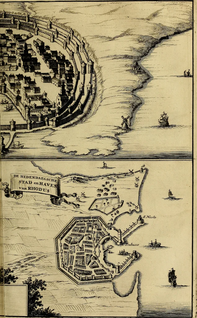 An illustration from Naukeurige beschryving der eilanden, in de archipel der Middelantsche zee, en ontrent dezelve, gelegen : waer onder de voornaemste Cyprus, Rhodus, Kandien, Samos, Scio, Negroponte, Lemnos, Paros, Delos, Patmos, en andere in groten getale, behelzende der zelver benamingen, gelegentheden, steden, kastelen, gedenkwaerdige aeloude en hedendaeghse geschiedenissen, bestieringen, veroveringen, gewassen, dieren, &c. : verrijkt met zee- en eilant-kaerten, en afbeeldingen van steden, dieren, gewassen &c., 1688, leaf 130
