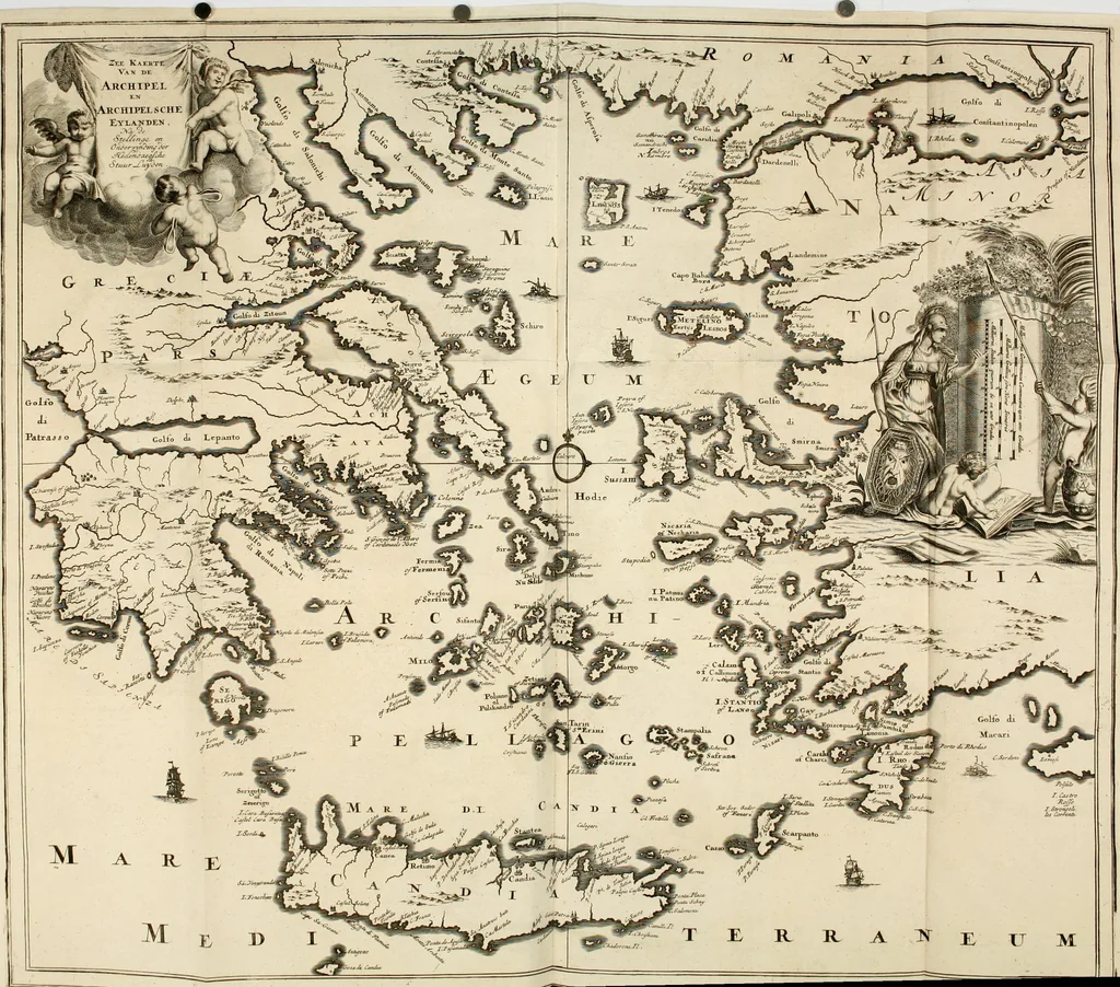 An illustration from Naukeurige beschryving der eilanden, in de archipel der Middelantsche zee, en ontrent dezelve, gelegen : waer onder de voornaemste Cyprus, Rhodus, Kandien, Samos, Scio, Negroponte, Lemnos, Paros, Delos, Patmos, en andere in groten getale, behelzende der zelver benamingen, gelegentheden, steden, kastelen, gedenkwaerdige aeloude en hedendaeghse geschiedenissen, bestieringen, veroveringen, gewassen, dieren, &c. : verrijkt met zee- en eilant-kaerten, en afbeeldingen van steden, dieren, gewassen &c., 1688, leaf 15