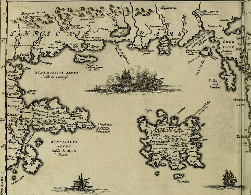 An illustration from Naukeurige beschryving der eilanden, in de archipel der Middelantsche zee, en ontrent dezelve, gelegen : waer onder de voornaemste Cyprus, Rhodus, Kandien, Samos, Scio, Negroponte, Lemnos, Paros, Delos, Patmos, en andere in groten getale, behelzende der zelver benamingen, gelegentheden, steden, kastelen, gedenkwaerdige aeloude en hedendaeghse geschiedenissen, bestieringen, veroveringen, gewassen, dieren, &c. : verrijkt met zee- en eilant-kaerten, en afbeeldingen van steden, dieren, gewassen &c., 1688, leaf 17
