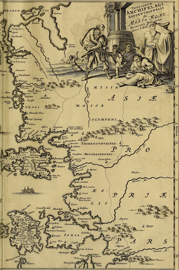 An illustration from Naukeurige beschryving der eilanden, in de archipel der Middelantsche zee, en ontrent dezelve, gelegen : waer onder de voornaemste Cyprus, Rhodus, Kandien, Samos, Scio, Negroponte, Lemnos, Paros, Delos, Patmos, en andere in groten getale, behelzende der zelver benamingen, gelegentheden, steden, kastelen, gedenkwaerdige aeloude en hedendaeghse geschiedenissen, bestieringen, veroveringen, gewassen, dieren, &c. : verrijkt met zee- en eilant-kaerten, en afbeeldingen van steden, dieren, gewassen &c., 1688, leaf 18