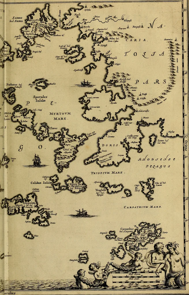 An illustration from Naukeurige beschryving der eilanden, in de archipel der Middelantsche zee, en ontrent dezelve, gelegen : waer onder de voornaemste Cyprus, Rhodus, Kandien, Samos, Scio, Negroponte, Lemnos, Paros, Delos, Patmos, en andere in groten getale, behelzende der zelver benamingen, gelegentheden, steden, kastelen, gedenkwaerdige aeloude en hedendaeghse geschiedenissen, bestieringen, veroveringen, gewassen, dieren, &c. : verrijkt met zee- en eilant-kaerten, en afbeeldingen van steden, dieren, gewassen &c., 1688, leaf 22