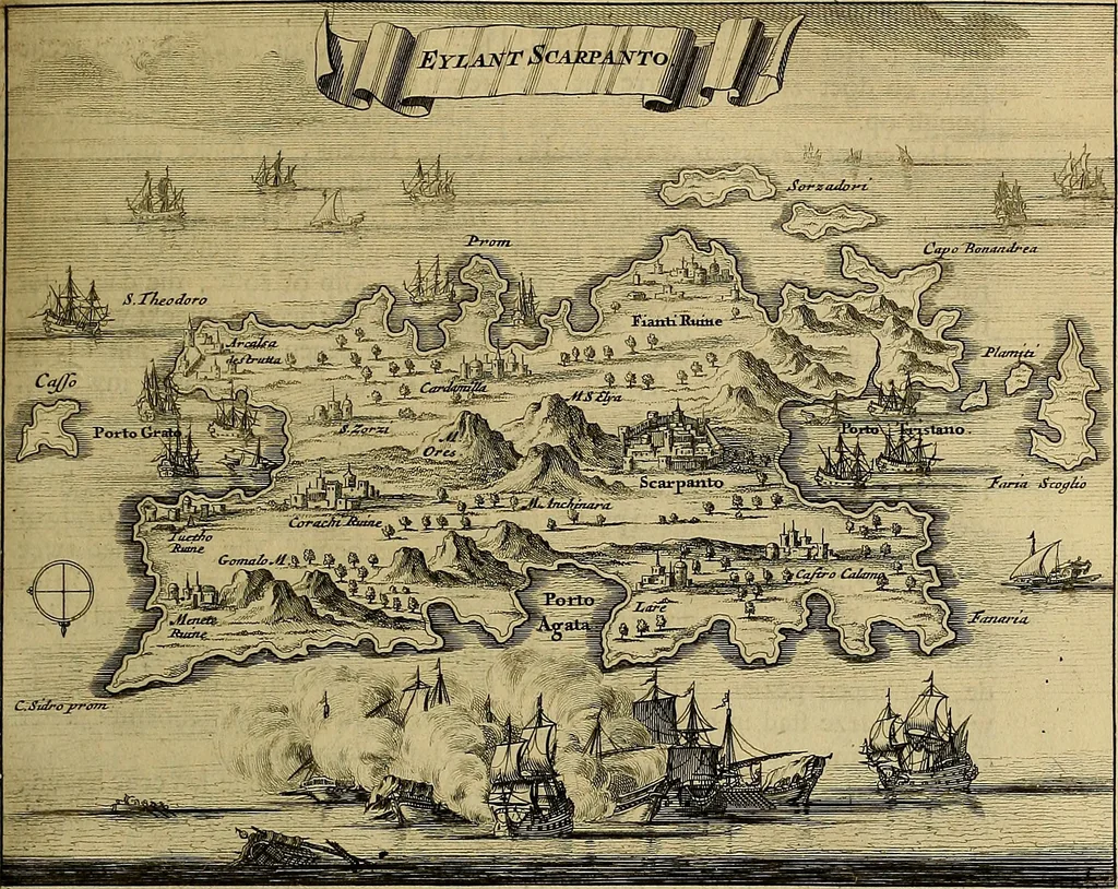 An illustration from Naukeurige beschryving der eilanden, in de archipel der Middelantsche zee, en ontrent dezelve, gelegen : waer onder de voornaemste Cyprus, Rhodus, Kandien, Samos, Scio, Negroponte, Lemnos, Paros, Delos, Patmos, en andere in groten getale, behelzende der zelver benamingen, gelegentheden, steden, kastelen, gedenkwaerdige aeloude en hedendaeghse geschiedenissen, bestieringen, veroveringen, gewassen, dieren, &c. : verrijkt met zee- en eilant-kaerten, en afbeeldingen van steden, dieren, gewassen &c., 1688, leaf 222