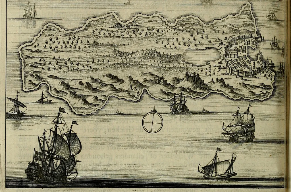 An illustration from Naukeurige beschryving der eilanden, in de archipel der Middelantsche zee, en ontrent dezelve, gelegen : waer onder de voornaemste Cyprus, Rhodus, Kandien, Samos, Scio, Negroponte, Lemnos, Paros, Delos, Patmos, en andere in groten getale, behelzende der zelver benamingen, gelegentheden, steden, kastelen, gedenkwaerdige aeloude en hedendaeghse geschiedenissen, bestieringen, veroveringen, gewassen, dieren, &c. : verrijkt met zee- en eilant-kaerten, en afbeeldingen van steden, dieren, gewassen &c., 1688, leaf 225