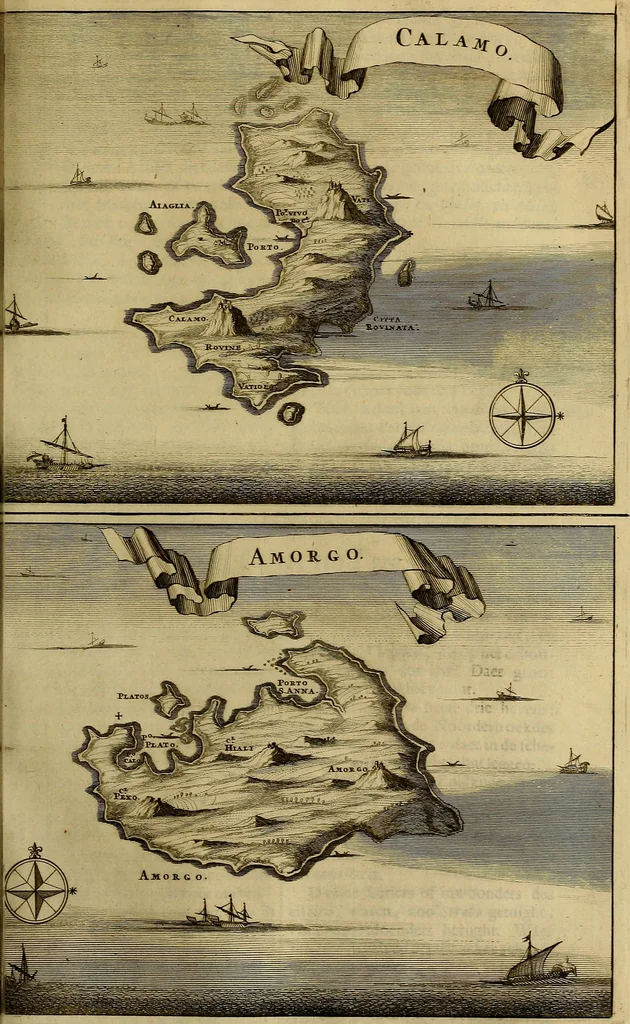 An illustration from Naukeurige beschryving der eilanden, in de archipel der Middelantsche zee, en ontrent dezelve, gelegen : waer onder de voornaemste Cyprus, Rhodus, Kandien, Samos, Scio, Negroponte, Lemnos, Paros, Delos, Patmos, en andere in groten getale, behelzende der zelver benamingen, gelegentheden, steden, kastelen, gedenkwaerdige aeloude en hedendaeghse geschiedenissen, bestieringen, veroveringen, gewassen, dieren, &c. : verrijkt met zee- en eilant-kaerten, en afbeeldingen van steden, dieren, gewassen &c., 1688, leaf 236