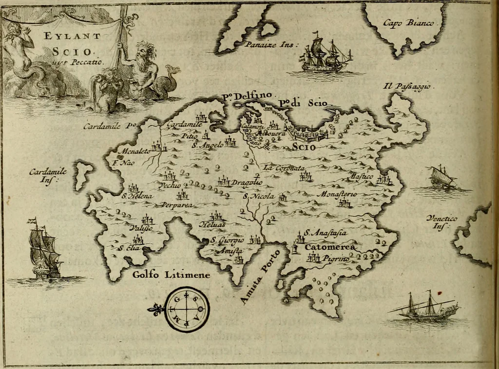 An illustration from Naukeurige beschryving der eilanden, in de archipel der Middelantsche zee, en ontrent dezelve, gelegen : waer onder de voornaemste Cyprus, Rhodus, Kandien, Samos, Scio, Negroponte, Lemnos, Paros, Delos, Patmos, en andere in groten getale, behelzende der zelver benamingen, gelegentheden, steden, kastelen, gedenkwaerdige aeloude en hedendaeghse geschiedenissen, bestieringen, veroveringen, gewassen, dieren, &c. : verrijkt met zee- en eilant-kaerten, en afbeeldingen van steden, dieren, gewassen &c., 1688, leaf 271