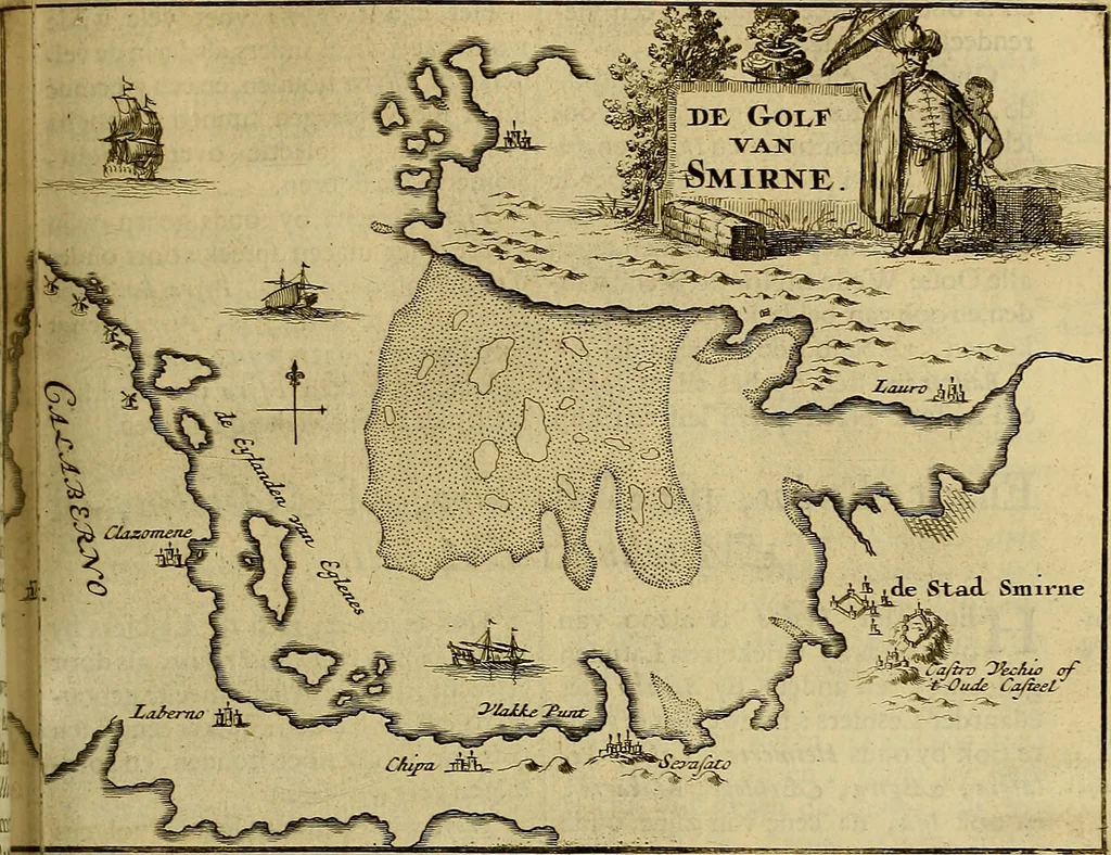 An illustration from Naukeurige beschryving der eilanden, in de archipel der Middelantsche zee, en ontrent dezelve, gelegen : waer onder de voornaemste Cyprus, Rhodus, Kandien, Samos, Scio, Negroponte, Lemnos, Paros, Delos, Patmos, en andere in groten getale, behelzende der zelver benamingen, gelegentheden, steden, kastelen, gedenkwaerdige aeloude en hedendaeghse geschiedenissen, bestieringen, veroveringen, gewassen, dieren, &c. : verrijkt met zee- en eilant-kaerten, en afbeeldingen van steden, dieren, gewassen &c., 1688, leaf 290