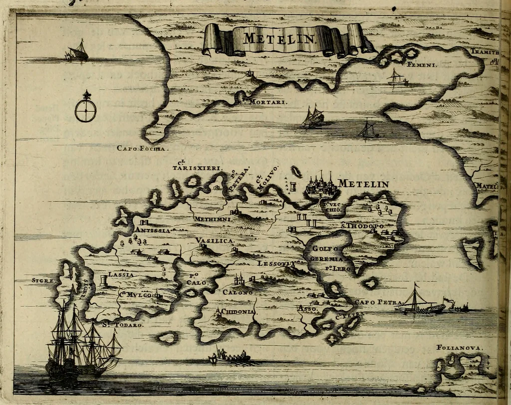 An illustration from Naukeurige beschryving der eilanden, in de archipel der Middelantsche zee, en ontrent dezelve, gelegen : waer onder de voornaemste Cyprus, Rhodus, Kandien, Samos, Scio, Negroponte, Lemnos, Paros, Delos, Patmos, en andere in groten getale, behelzende der zelver benamingen, gelegentheden, steden, kastelen, gedenkwaerdige aeloude en hedendaeghse geschiedenissen, bestieringen, veroveringen, gewassen, dieren, &c. : verrijkt met zee- en eilant-kaerten, en afbeeldingen van steden, dieren, gewassen &c., 1688, leaf 295