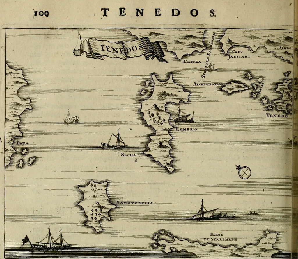 An illustration from Naukeurige beschryving der eilanden, in de archipel der Middelantsche zee, en ontrent dezelve, gelegen : waer onder de voornaemste Cyprus, Rhodus, Kandien, Samos, Scio, Negroponte, Lemnos, Paros, Delos, Patmos, en andere in groten getale, behelzende der zelver benamingen, gelegentheden, steden, kastelen, gedenkwaerdige aeloude en hedendaeghse geschiedenissen, bestieringen, veroveringen, gewassen, dieren, &c. : verrijkt met zee- en eilant-kaerten, en afbeeldingen van steden, dieren, gewassen &c., 1688, leaf 299