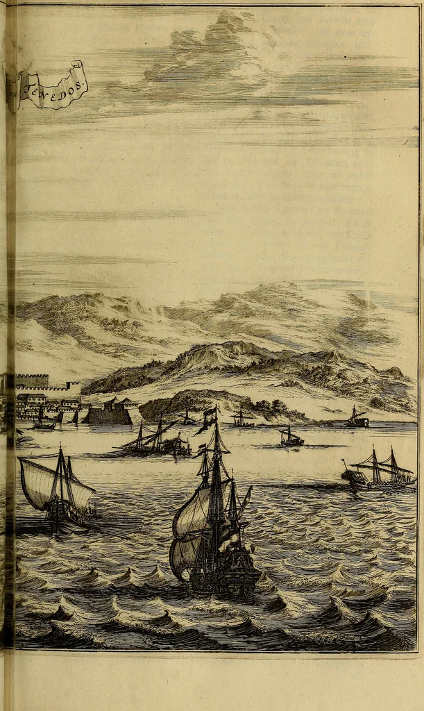 An illustration from Naukeurige beschryving der eilanden, in de archipel der Middelantsche zee, en ontrent dezelve, gelegen : waer onder de voornaemste Cyprus, Rhodus, Kandien, Samos, Scio, Negroponte, Lemnos, Paros, Delos, Patmos, en andere in groten getale, behelzende der zelver benamingen, gelegentheden, steden, kastelen, gedenkwaerdige aeloude en hedendaeghse geschiedenissen, bestieringen, veroveringen, gewassen, dieren, &c. : verrijkt met zee- en eilant-kaerten, en afbeeldingen van steden, dieren, gewassen &c., 1688, leaf 302