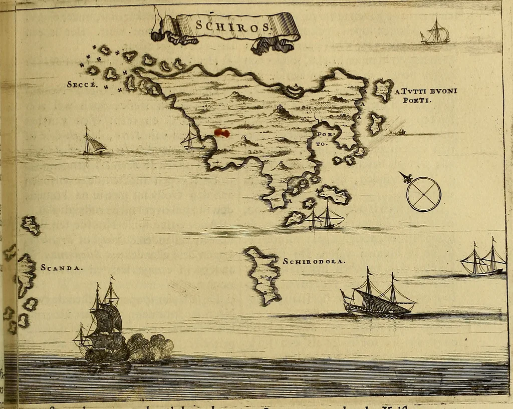 An illustration from Naukeurige beschryving der eilanden, in de archipel der Middelantsche zee, en ontrent dezelve, gelegen : waer onder de voornaemste Cyprus, Rhodus, Kandien, Samos, Scio, Negroponte, Lemnos, Paros, Delos, Patmos, en andere in groten getale, behelzende der zelver benamingen, gelegentheden, steden, kastelen, gedenkwaerdige aeloude en hedendaeghse geschiedenissen, bestieringen, veroveringen, gewassen, dieren, &c. : verrijkt met zee- en eilant-kaerten, en afbeeldingen van steden, dieren, gewassen &c., 1688, leaf 328