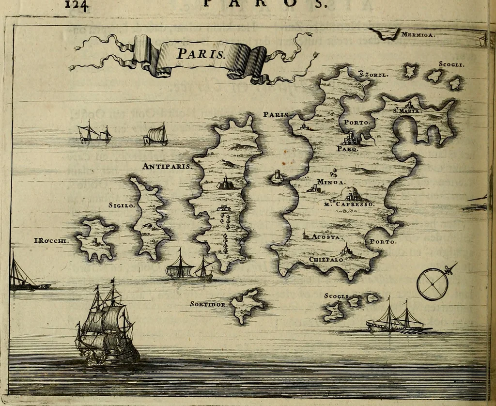 An illustration from Naukeurige beschryving der eilanden, in de archipel der Middelantsche zee, en ontrent dezelve, gelegen : waer onder de voornaemste Cyprus, Rhodus, Kandien, Samos, Scio, Negroponte, Lemnos, Paros, Delos, Patmos, en andere in groten getale, behelzende der zelver benamingen, gelegentheden, steden, kastelen, gedenkwaerdige aeloude en hedendaeghse geschiedenissen, bestieringen, veroveringen, gewassen, dieren, &c. : verrijkt met zee- en eilant-kaerten, en afbeeldingen van steden, dieren, gewassen &c., 1688, leaf 331