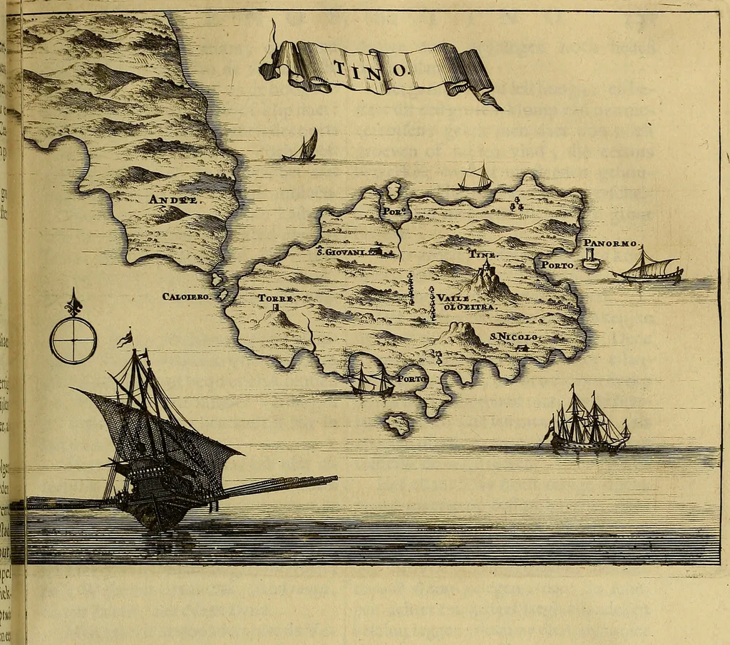 An illustration from Naukeurige beschryving der eilanden, in de archipel der Middelantsche zee, en ontrent dezelve, gelegen : waer onder de voornaemste Cyprus, Rhodus, Kandien, Samos, Scio, Negroponte, Lemnos, Paros, Delos, Patmos, en andere in groten getale, behelzende der zelver benamingen, gelegentheden, steden, kastelen, gedenkwaerdige aeloude en hedendaeghse geschiedenissen, bestieringen, veroveringen, gewassen, dieren, &c. : verrijkt met zee- en eilant-kaerten, en afbeeldingen van steden, dieren, gewassen &c., 1688, leaf 338