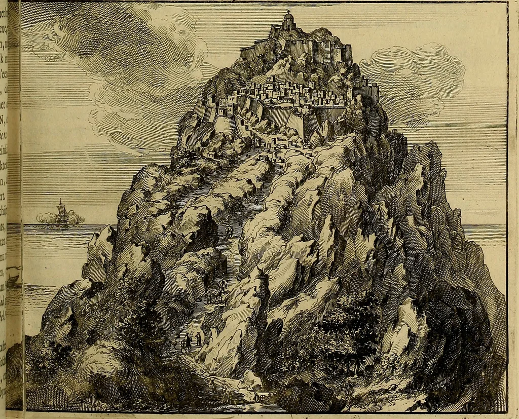 An illustration from Naukeurige beschryving der eilanden, in de archipel der Middelantsche zee, en ontrent dezelve, gelegen : waer onder de voornaemste Cyprus, Rhodus, Kandien, Samos, Scio, Negroponte, Lemnos, Paros, Delos, Patmos, en andere in groten getale, behelzende der zelver benamingen, gelegentheden, steden, kastelen, gedenkwaerdige aeloude en hedendaeghse geschiedenissen, bestieringen, veroveringen, gewassen, dieren, &c. : verrijkt met zee- en eilant-kaerten, en afbeeldingen van steden, dieren, gewassen &c., 1688, leaf 338