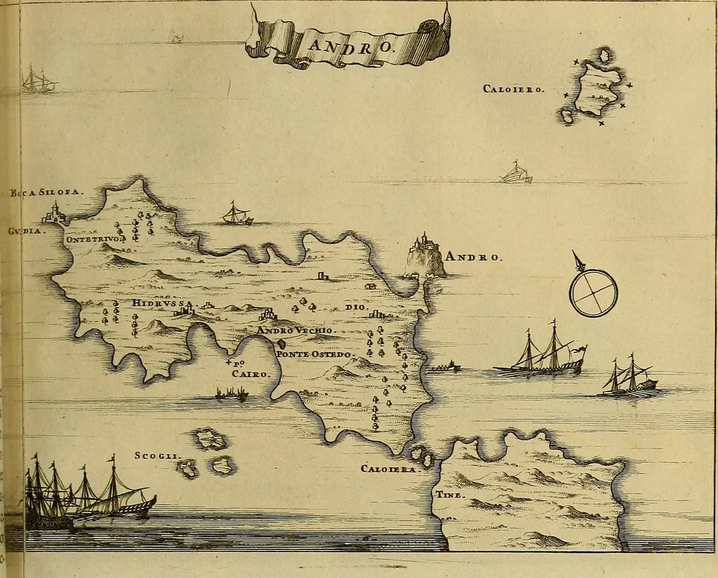 An illustration from Naukeurige beschryving der eilanden, in de archipel der Middelantsche zee, en ontrent dezelve, gelegen : waer onder de voornaemste Cyprus, Rhodus, Kandien, Samos, Scio, Negroponte, Lemnos, Paros, Delos, Patmos, en andere in groten getale, behelzende der zelver benamingen, gelegentheden, steden, kastelen, gedenkwaerdige aeloude en hedendaeghse geschiedenissen, bestieringen, veroveringen, gewassen, dieren, &c. : verrijkt met zee- en eilant-kaerten, en afbeeldingen van steden, dieren, gewassen &c., 1688, leaf 356