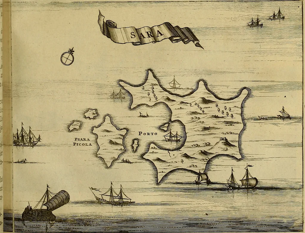 An illustration from Naukeurige beschryving der eilanden, in de archipel der Middelantsche zee, en ontrent dezelve, gelegen : waer onder de voornaemste Cyprus, Rhodus, Kandien, Samos, Scio, Negroponte, Lemnos, Paros, Delos, Patmos, en andere in groten getale, behelzende der zelver benamingen, gelegentheden, steden, kastelen, gedenkwaerdige aeloude en hedendaeghse geschiedenissen, bestieringen, veroveringen, gewassen, dieren, &c. : verrijkt met zee- en eilant-kaerten, en afbeeldingen van steden, dieren, gewassen &c., 1688, leaf 356