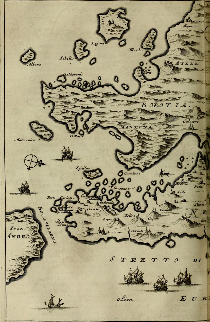 An illustration from Naukeurige beschryving der eilanden, in de archipel der Middelantsche zee, en ontrent dezelve, gelegen : waer onder de voornaemste Cyprus, Rhodus, Kandien, Samos, Scio, Negroponte, Lemnos, Paros, Delos, Patmos, en andere in groten getale, behelzende der zelver benamingen, gelegentheden, steden, kastelen, gedenkwaerdige aeloude en hedendaeghse geschiedenissen, bestieringen, veroveringen, gewassen, dieren, &c. : verrijkt met zee- en eilant-kaerten, en afbeeldingen van steden, dieren, gewassen &c., 1688, leaf 381