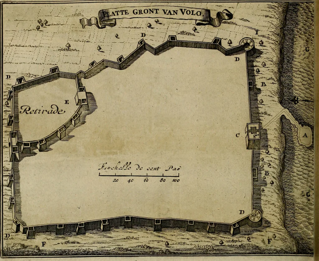 An illustration from Naukeurige beschryving der eilanden, in de archipel der Middelantsche zee, en ontrent dezelve, gelegen : waer onder de voornaemste Cyprus, Rhodus, Kandien, Samos, Scio, Negroponte, Lemnos, Paros, Delos, Patmos, en andere in groten getale, behelzende der zelver benamingen, gelegentheden, steden, kastelen, gedenkwaerdige aeloude en hedendaeghse geschiedenissen, bestieringen, veroveringen, gewassen, dieren, &c. : verrijkt met zee- en eilant-kaerten, en afbeeldingen van steden, dieren, gewassen &c., 1688, leaf 429