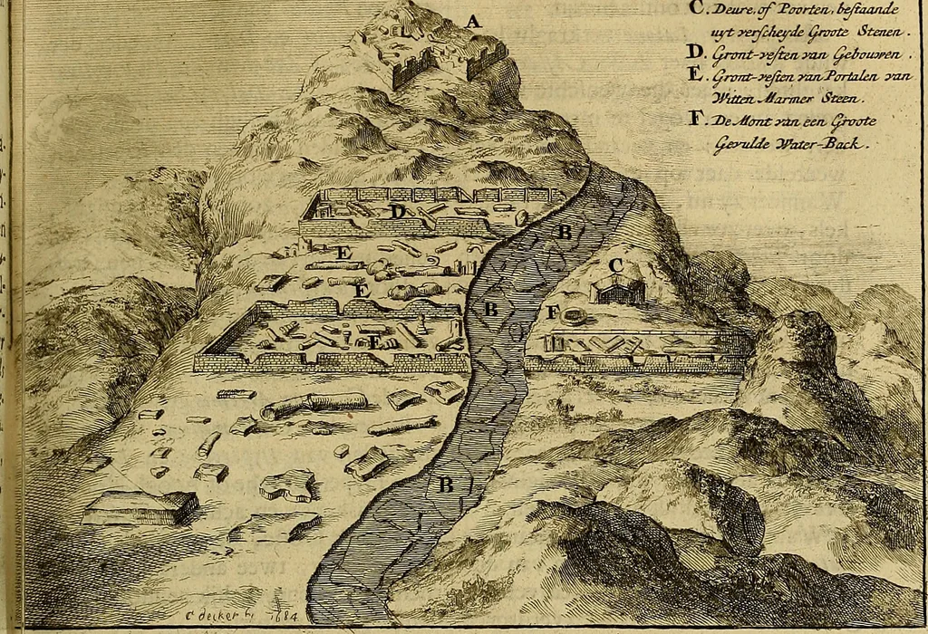 An illustration from Naukeurige beschryving der eilanden, in de archipel der Middelantsche zee, en ontrent dezelve, gelegen : waer onder de voornaemste Cyprus, Rhodus, Kandien, Samos, Scio, Negroponte, Lemnos, Paros, Delos, Patmos, en andere in groten getale, behelzende der zelver benamingen, gelegentheden, steden, kastelen, gedenkwaerdige aeloude en hedendaeghse geschiedenissen, bestieringen, veroveringen, gewassen, dieren, &c. : verrijkt met zee- en eilant-kaerten, en afbeeldingen van steden, dieren, gewassen &c., 1688, leaf 448