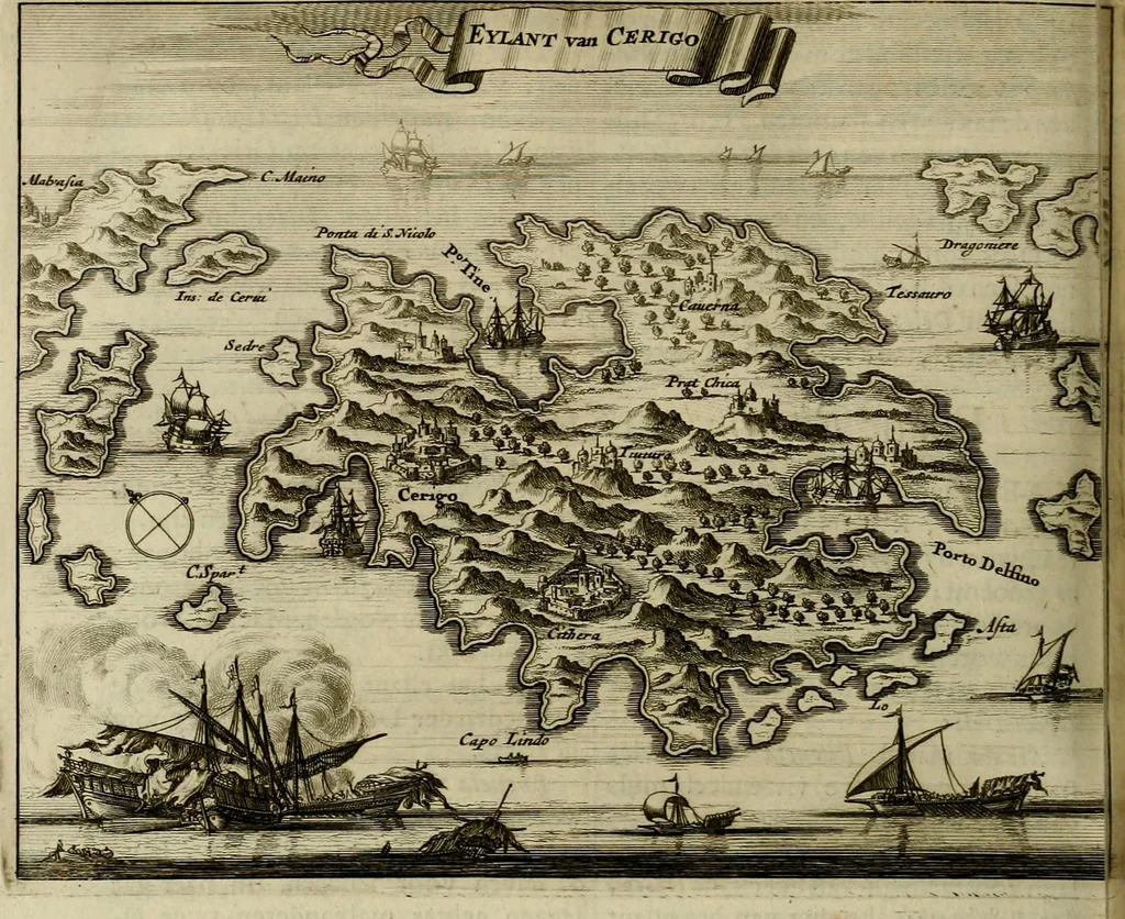 An illustration from Naukeurige beschryving der eilanden, in de archipel der Middelantsche zee, en ontrent dezelve, gelegen : waer onder de voornaemste Cyprus, Rhodus, Kandien, Samos, Scio, Negroponte, Lemnos, Paros, Delos, Patmos, en andere in groten getale, behelzende der zelver benamingen, gelegentheden, steden, kastelen, gedenkwaerdige aeloude en hedendaeghse geschiedenissen, bestieringen, veroveringen, gewassen, dieren, &c. : verrijkt met zee- en eilant-kaerten, en afbeeldingen van steden, dieren, gewassen &c., 1688, leaf 465