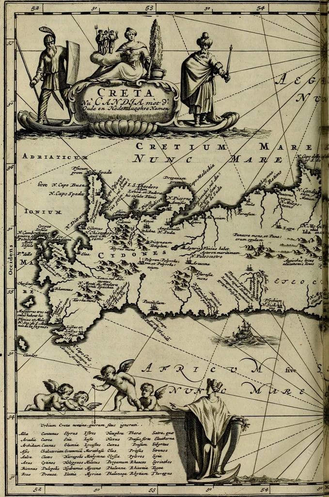 An illustration from Naukeurige beschryving der eilanden, in de archipel der Middelantsche zee, en ontrent dezelve, gelegen : waer onder de voornaemste Cyprus, Rhodus, Kandien, Samos, Scio, Negroponte, Lemnos, Paros, Delos, Patmos, en andere in groten getale, behelzende der zelver benamingen, gelegentheden, steden, kastelen, gedenkwaerdige aeloude en hedendaeghse geschiedenissen, bestieringen, veroveringen, gewassen, dieren, &c. : verrijkt met zee- en eilant-kaerten, en afbeeldingen van steden, dieren, gewassen &c., 1688, leaf 495
