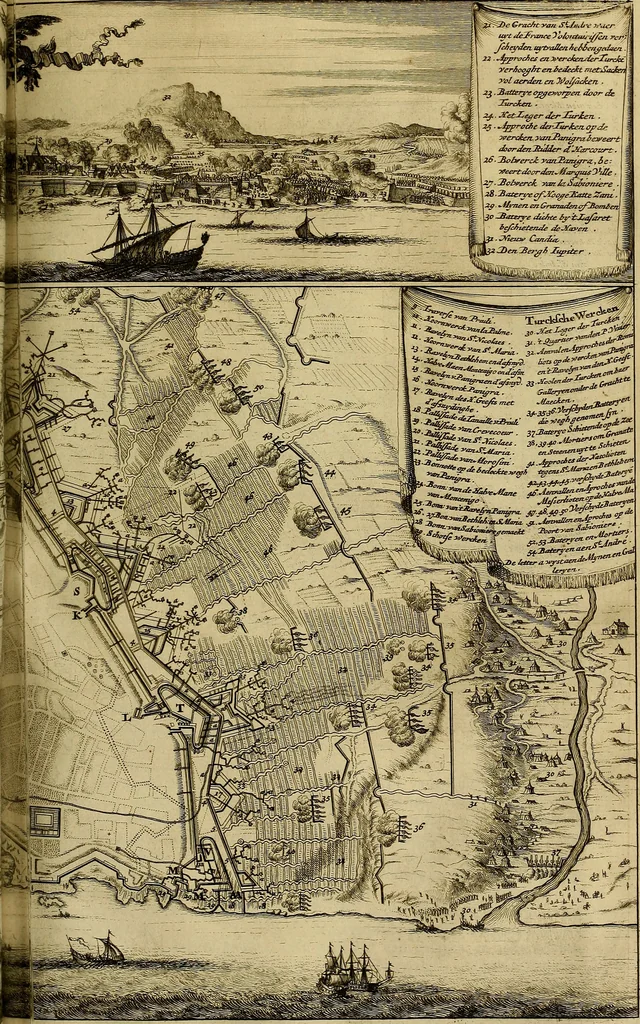 An illustration from Naukeurige beschryving der eilanden, in de archipel der Middelantsche zee, en ontrent dezelve, gelegen : waer onder de voornaemste Cyprus, Rhodus, Kandien, Samos, Scio, Negroponte, Lemnos, Paros, Delos, Patmos, en andere in groten getale, behelzende der zelver benamingen, gelegentheden, steden, kastelen, gedenkwaerdige aeloude en hedendaeghse geschiedenissen, bestieringen, veroveringen, gewassen, dieren, &c. : verrijkt met zee- en eilant-kaerten, en afbeeldingen van steden, dieren, gewassen &c., 1688, leaf 500