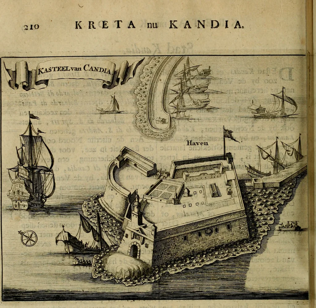 An illustration from Naukeurige beschryving der eilanden, in de archipel der Middelantsche zee, en ontrent dezelve, gelegen : waer onder de voornaemste Cyprus, Rhodus, Kandien, Samos, Scio, Negroponte, Lemnos, Paros, Delos, Patmos, en andere in groten getale, behelzende der zelver benamingen, gelegentheden, steden, kastelen, gedenkwaerdige aeloude en hedendaeghse geschiedenissen, bestieringen, veroveringen, gewassen, dieren, &c. : verrijkt met zee- en eilant-kaerten, en afbeeldingen van steden, dieren, gewassen &c., 1688, leaf 503