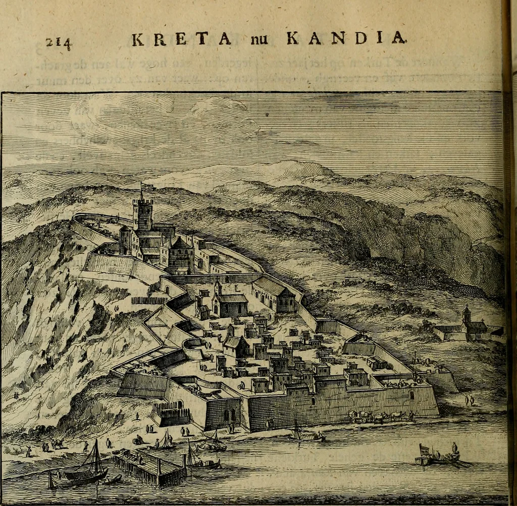 An illustration from Naukeurige beschryving der eilanden, in de archipel der Middelantsche zee, en ontrent dezelve, gelegen : waer onder de voornaemste Cyprus, Rhodus, Kandien, Samos, Scio, Negroponte, Lemnos, Paros, Delos, Patmos, en andere in groten getale, behelzende der zelver benamingen, gelegentheden, steden, kastelen, gedenkwaerdige aeloude en hedendaeghse geschiedenissen, bestieringen, veroveringen, gewassen, dieren, &c. : verrijkt met zee- en eilant-kaerten, en afbeeldingen van steden, dieren, gewassen &c., 1688, leaf 511