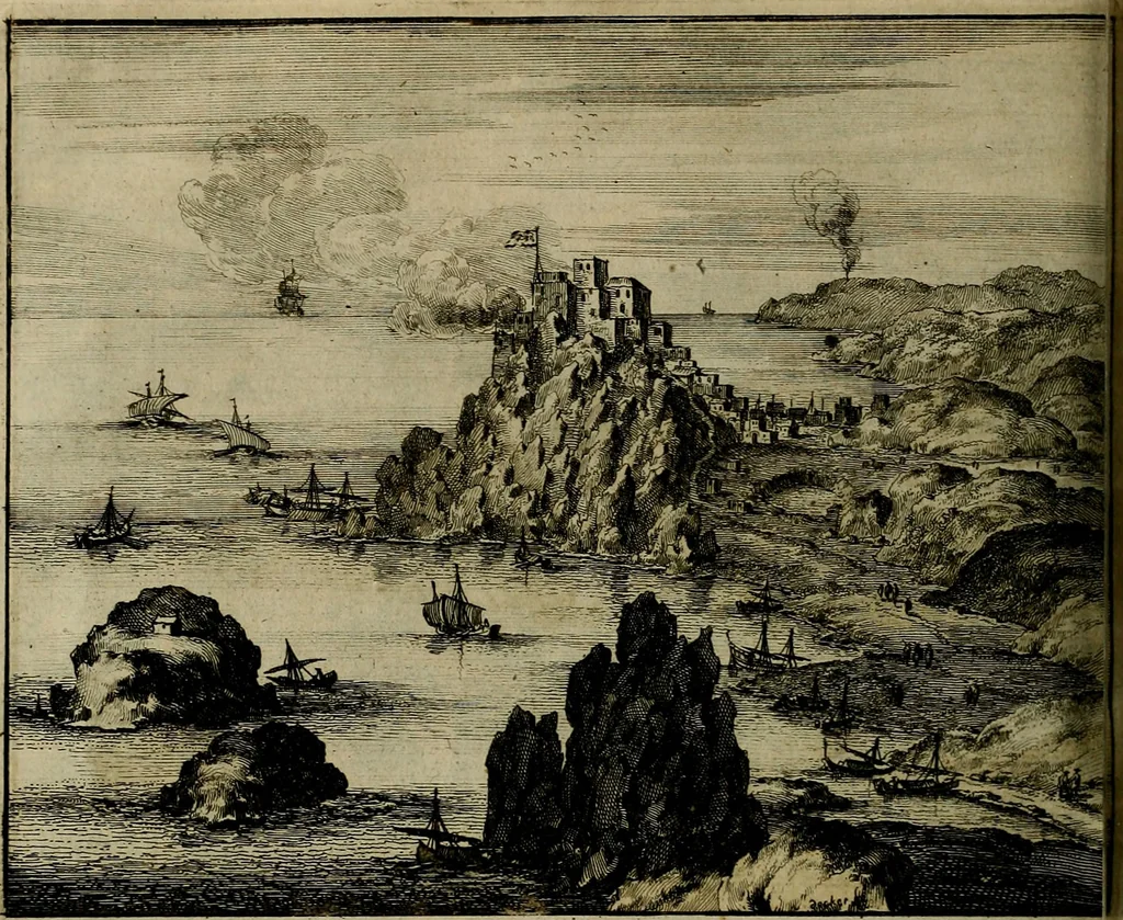 An illustration from Naukeurige beschryving der eilanden, in de archipel der Middelantsche zee, en ontrent dezelve, gelegen : waer onder de voornaemste Cyprus, Rhodus, Kandien, Samos, Scio, Negroponte, Lemnos, Paros, Delos, Patmos, en andere in groten getale, behelzende der zelver benamingen, gelegentheden, steden, kastelen, gedenkwaerdige aeloude en hedendaeghse geschiedenissen, bestieringen, veroveringen, gewassen, dieren, &c. : verrijkt met zee- en eilant-kaerten, en afbeeldingen van steden, dieren, gewassen &c., 1688, leaf 513