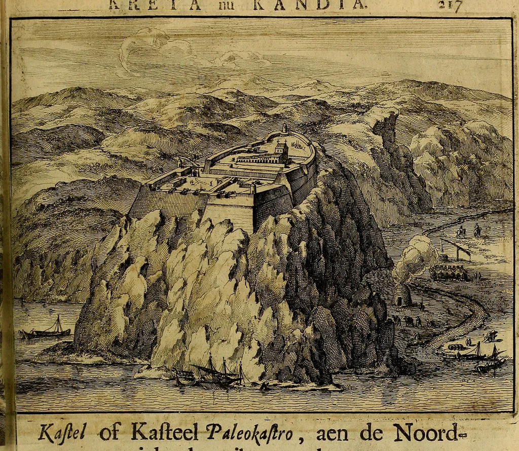 An illustration from Naukeurige beschryving der eilanden, in de archipel der Middelantsche zee, en ontrent dezelve, gelegen : waer onder de voornaemste Cyprus, Rhodus, Kandien, Samos, Scio, Negroponte, Lemnos, Paros, Delos, Patmos, en andere in groten getale, behelzende der zelver benamingen, gelegentheden, steden, kastelen, gedenkwaerdige aeloude en hedendaeghse geschiedenissen, bestieringen, veroveringen, gewassen, dieren, &c. : verrijkt met zee- en eilant-kaerten, en afbeeldingen van steden, dieren, gewassen &c., 1688, leaf 514