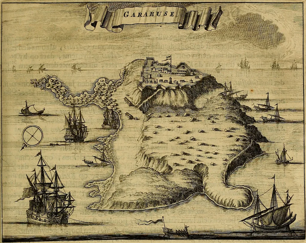 An illustration from Naukeurige beschryving der eilanden, in de archipel der Middelantsche zee, en ontrent dezelve, gelegen : waer onder de voornaemste Cyprus, Rhodus, Kandien, Samos, Scio, Negroponte, Lemnos, Paros, Delos, Patmos, en andere in groten getale, behelzende der zelver benamingen, gelegentheden, steden, kastelen, gedenkwaerdige aeloude en hedendaeghse geschiedenissen, bestieringen, veroveringen, gewassen, dieren, &c. : verrijkt met zee- en eilant-kaerten, en afbeeldingen van steden, dieren, gewassen &c., 1688, leaf 548