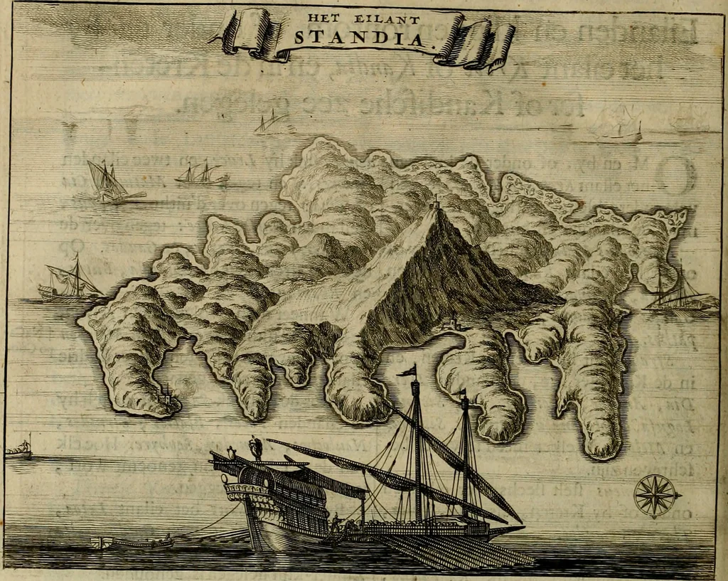An illustration from Naukeurige beschryving der eilanden, in de archipel der Middelantsche zee, en ontrent dezelve, gelegen : waer onder de voornaemste Cyprus, Rhodus, Kandien, Samos, Scio, Negroponte, Lemnos, Paros, Delos, Patmos, en andere in groten getale, behelzende der zelver benamingen, gelegentheden, steden, kastelen, gedenkwaerdige aeloude en hedendaeghse geschiedenissen, bestieringen, veroveringen, gewassen, dieren, &c. : verrijkt met zee- en eilant-kaerten, en afbeeldingen van steden, dieren, gewassen &c., 1688, leaf 583