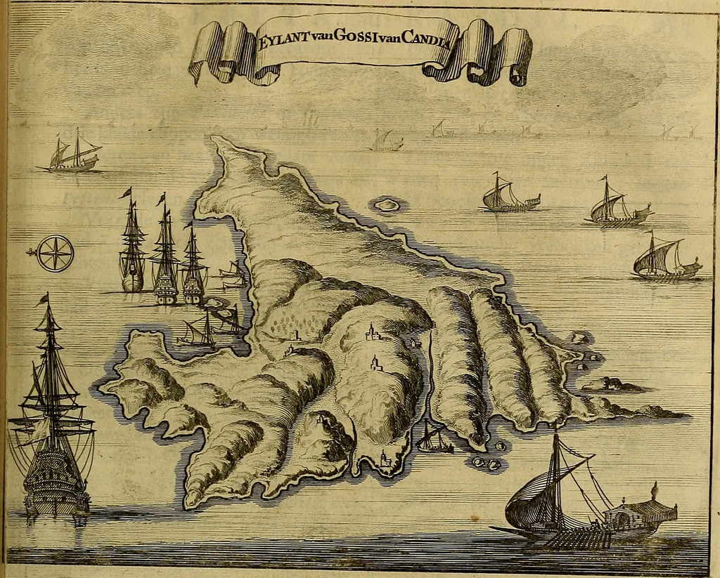 An illustration from Naukeurige beschryving der eilanden, in de archipel der Middelantsche zee, en ontrent dezelve, gelegen : waer onder de voornaemste Cyprus, Rhodus, Kandien, Samos, Scio, Negroponte, Lemnos, Paros, Delos, Patmos, en andere in groten getale, behelzende der zelver benamingen, gelegentheden, steden, kastelen, gedenkwaerdige aeloude en hedendaeghse geschiedenissen, bestieringen, veroveringen, gewassen, dieren, &c. : verrijkt met zee- en eilant-kaerten, en afbeeldingen van steden, dieren, gewassen &c., 1688, leaf 584