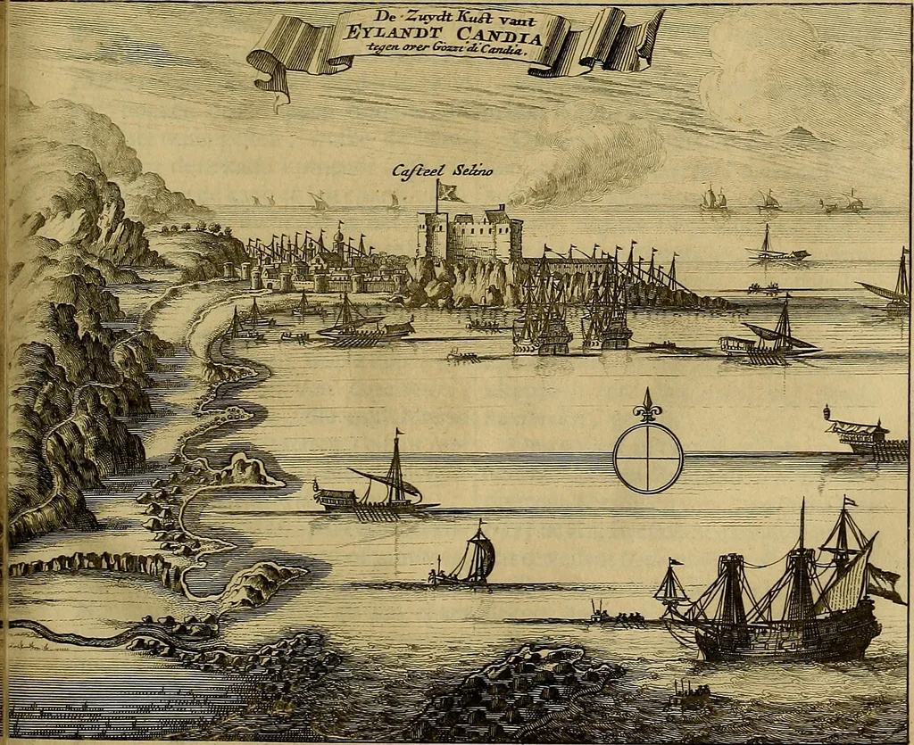 An illustration from Naukeurige beschryving der eilanden, in de archipel der Middelantsche zee, en ontrent dezelve, gelegen : waer onder de voornaemste Cyprus, Rhodus, Kandien, Samos, Scio, Negroponte, Lemnos, Paros, Delos, Patmos, en andere in groten getale, behelzende der zelver benamingen, gelegentheden, steden, kastelen, gedenkwaerdige aeloude en hedendaeghse geschiedenissen, bestieringen, veroveringen, gewassen, dieren, &c. : verrijkt met zee- en eilant-kaerten, en afbeeldingen van steden, dieren, gewassen &c., 1688, leaf 584