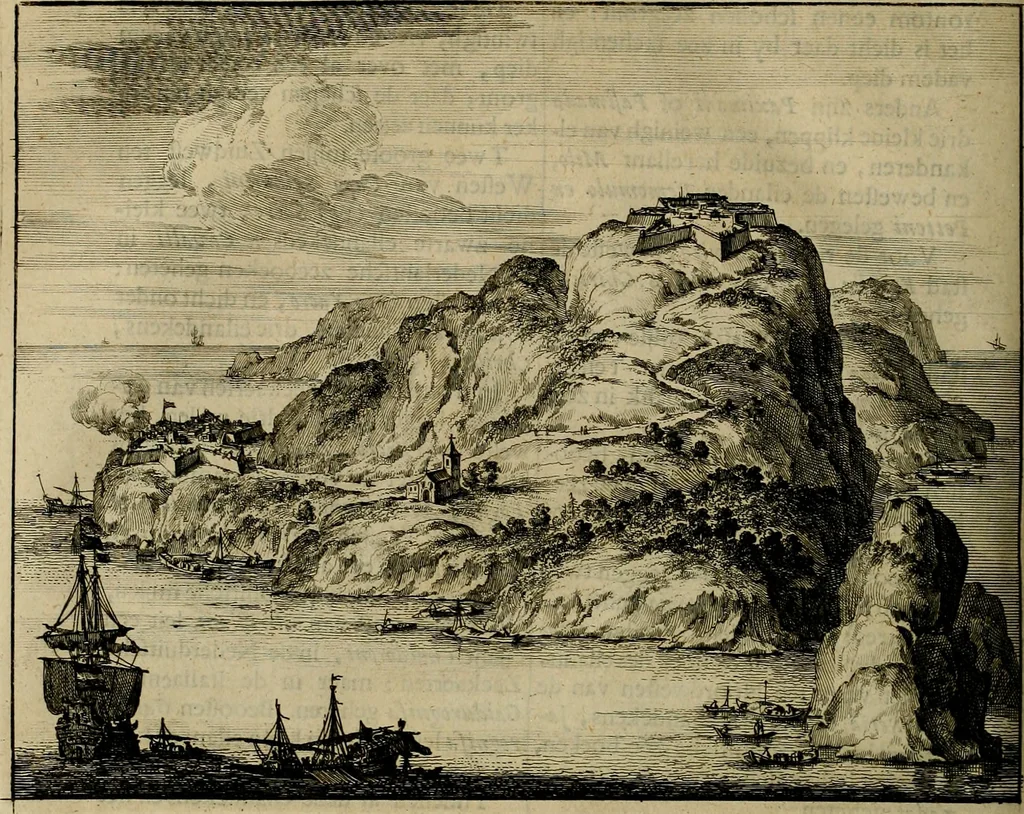 An illustration from Naukeurige beschryving der eilanden, in de archipel der Middelantsche zee, en ontrent dezelve, gelegen : waer onder de voornaemste Cyprus, Rhodus, Kandien, Samos, Scio, Negroponte, Lemnos, Paros, Delos, Patmos, en andere in groten getale, behelzende der zelver benamingen, gelegentheden, steden, kastelen, gedenkwaerdige aeloude en hedendaeghse geschiedenissen, bestieringen, veroveringen, gewassen, dieren, &c. : verrijkt met zee- en eilant-kaerten, en afbeeldingen van steden, dieren, gewassen &c., 1688, leaf 587