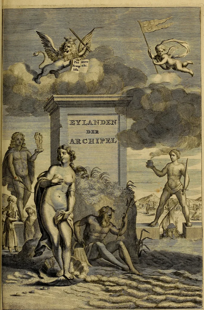 An illustration from Naukeurige beschryving der eilanden, in de archipel der Middelantsche zee, en ontrent dezelve, gelegen : waer onder de voornaemste Cyprus, Rhodus, Kandien, Samos, Scio, Negroponte, Lemnos, Paros, Delos, Patmos, en andere in groten getale, behelzende der zelver benamingen, gelegentheden, steden, kastelen, gedenkwaerdige aeloude en hedendaeghse geschiedenissen, bestieringen, veroveringen, gewassen, dieren, &c. : verrijkt met zee- en eilant-kaerten, en afbeeldingen van steden, dieren, gewassen &c., 1688, leaf 6