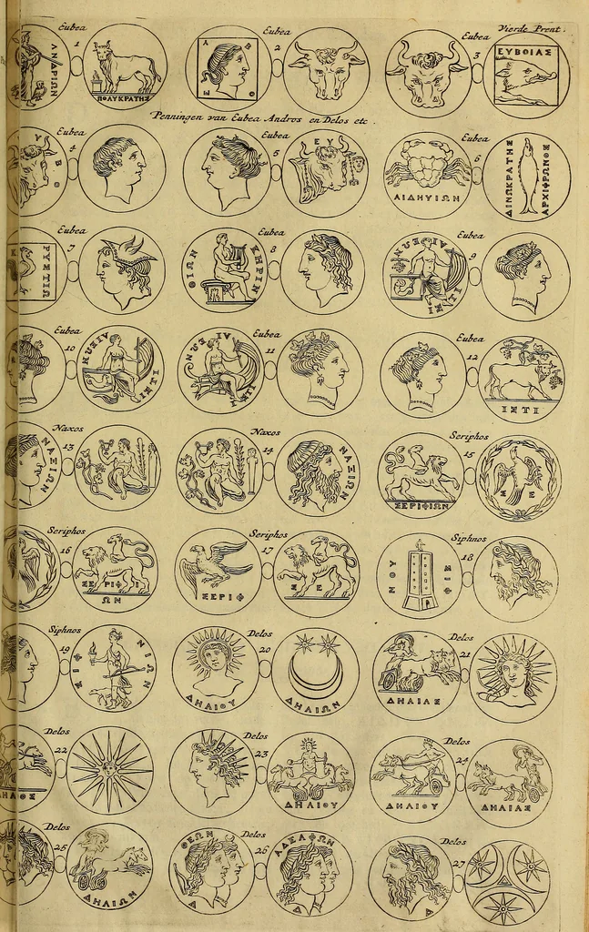An illustration from Naukeurige beschryving der eilanden, in de archipel der Middelantsche zee, en ontrent dezelve, gelegen : waer onder de voornaemste Cyprus, Rhodus, Kandien, Samos, Scio, Negroponte, Lemnos, Paros, Delos, Patmos, en andere in groten getale, behelzende der zelver benamingen, gelegentheden, steden, kastelen, gedenkwaerdige aeloude en hedendaeghse geschiedenissen, bestieringen, veroveringen, gewassen, dieren, &c. : verrijkt met zee- en eilant-kaerten, en afbeeldingen van steden, dieren, gewassen &c., 1688, leaf 614