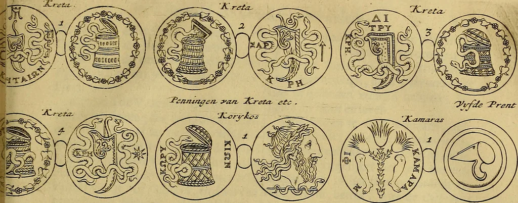 An illustration from Naukeurige beschryving der eilanden, in de archipel der Middelantsche zee, en ontrent dezelve, gelegen : waer onder de voornaemste Cyprus, Rhodus, Kandien, Samos, Scio, Negroponte, Lemnos, Paros, Delos, Patmos, en andere in groten getale, behelzende der zelver benamingen, gelegentheden, steden, kastelen, gedenkwaerdige aeloude en hedendaeghse geschiedenissen, bestieringen, veroveringen, gewassen, dieren, &c. : verrijkt met zee- en eilant-kaerten, en afbeeldingen van steden, dieren, gewassen &c., 1688, leaf 628