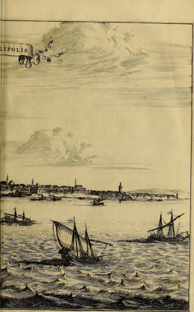 An illustration from Naukeurige beschryving der eilanden, in de archipel der Middelantsche zee, en ontrent dezelve, gelegen : waer onder de voornaemste Cyprus, Rhodus, Kandien, Samos, Scio, Negroponte, Lemnos, Paros, Delos, Patmos, en andere in groten getale, behelzende der zelver benamingen, gelegentheden, steden, kastelen, gedenkwaerdige aeloude en hedendaeghse geschiedenissen, bestieringen, veroveringen, gewassen, dieren, &c. : verrijkt met zee- en eilant-kaerten, en afbeeldingen van steden, dieren, gewassen &c., 1688, leaf 638