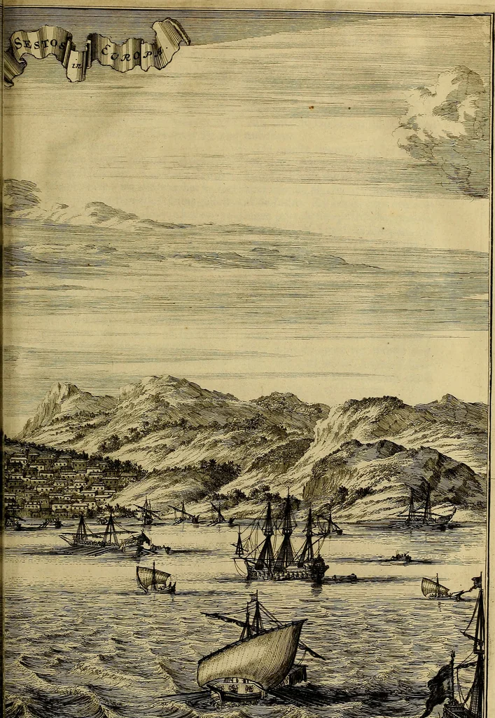 An illustration from Naukeurige beschryving der eilanden, in de archipel der Middelantsche zee, en ontrent dezelve, gelegen : waer onder de voornaemste Cyprus, Rhodus, Kandien, Samos, Scio, Negroponte, Lemnos, Paros, Delos, Patmos, en andere in groten getale, behelzende der zelver benamingen, gelegentheden, steden, kastelen, gedenkwaerdige aeloude en hedendaeghse geschiedenissen, bestieringen, veroveringen, gewassen, dieren, &c. : verrijkt met zee- en eilant-kaerten, en afbeeldingen van steden, dieren, gewassen &c., 1688, leaf 646