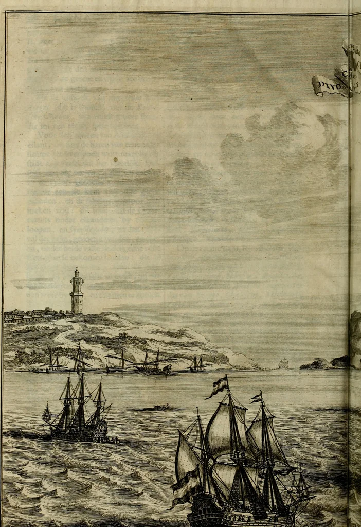 An illustration from Naukeurige beschryving der eilanden, in de archipel der Middelantsche zee, en ontrent dezelve, gelegen : waer onder de voornaemste Cyprus, Rhodus, Kandien, Samos, Scio, Negroponte, Lemnos, Paros, Delos, Patmos, en andere in groten getale, behelzende der zelver benamingen, gelegentheden, steden, kastelen, gedenkwaerdige aeloude en hedendaeghse geschiedenissen, bestieringen, veroveringen, gewassen, dieren, &c. : verrijkt met zee- en eilant-kaerten, en afbeeldingen van steden, dieren, gewassen &c., 1688, leaf 673