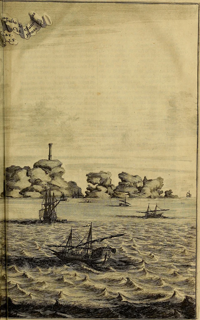 An illustration from Naukeurige beschryving der eilanden, in de archipel der Middelantsche zee, en ontrent dezelve, gelegen : waer onder de voornaemste Cyprus, Rhodus, Kandien, Samos, Scio, Negroponte, Lemnos, Paros, Delos, Patmos, en andere in groten getale, behelzende der zelver benamingen, gelegentheden, steden, kastelen, gedenkwaerdige aeloude en hedendaeghse geschiedenissen, bestieringen, veroveringen, gewassen, dieren, &c. : verrijkt met zee- en eilant-kaerten, en afbeeldingen van steden, dieren, gewassen &c., 1688, leaf 674