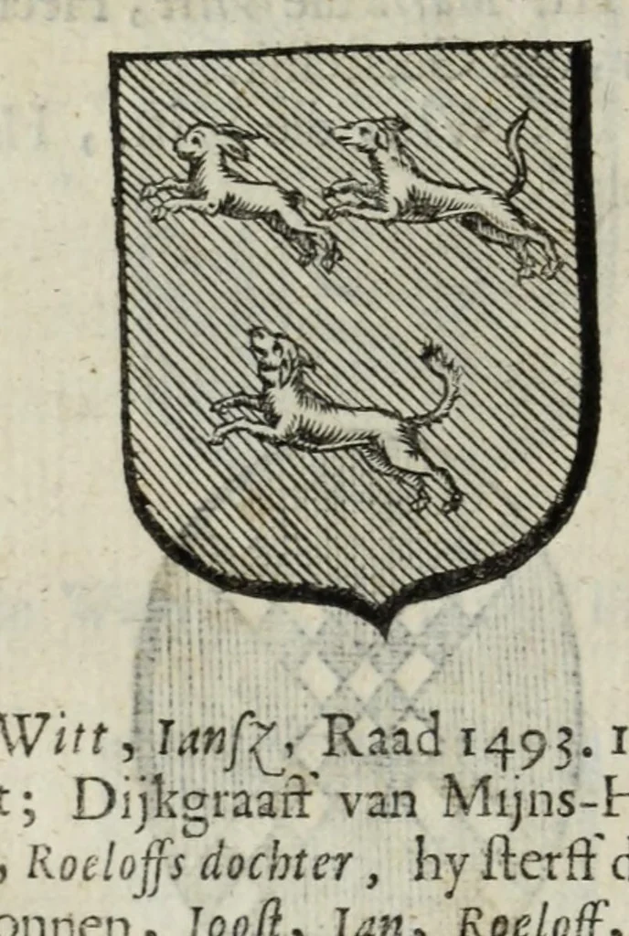 An illustration from Beschryvinge der stad Dordrecht : vervatende haar begin, opkomst, toeneming, en verdere stant ... Als mede een verzamelinge van eenige geslachtboomen, der adelijke, aal-oude, en aanzienlijke heeren-geslachten, van, en in, Dordrecht, enz. ..., 1677, leaf 636