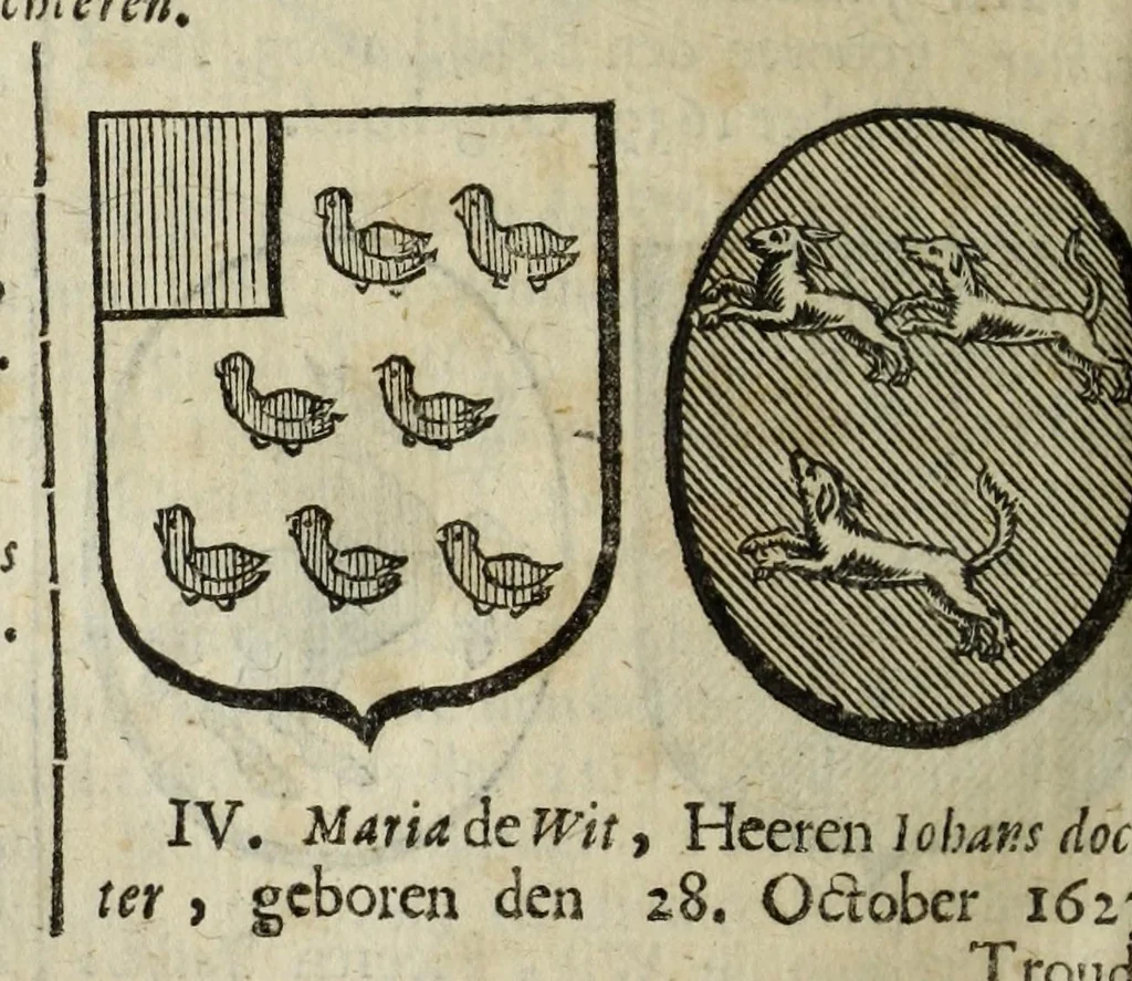 An illustration from Beschryvinge der stad Dordrecht : vervatende haar begin, opkomst, toeneming, en verdere stant ... Als mede een verzamelinge van eenige geslachtboomen, der adelijke, aal-oude, en aanzienlijke heeren-geslachten, van, en in, Dordrecht, enz. ..., 1677, leaf 648