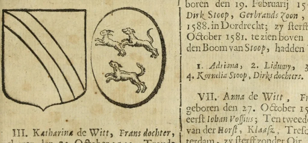 An illustration from Beschryvinge der stad Dordrecht : vervatende haar begin, opkomst, toeneming, en verdere stant ... Als mede een verzamelinge van eenige geslachtboomen, der adelijke, aal-oude, en aanzienlijke heeren-geslachten, van, en in, Dordrecht, enz. ..., 1677, leaf 657