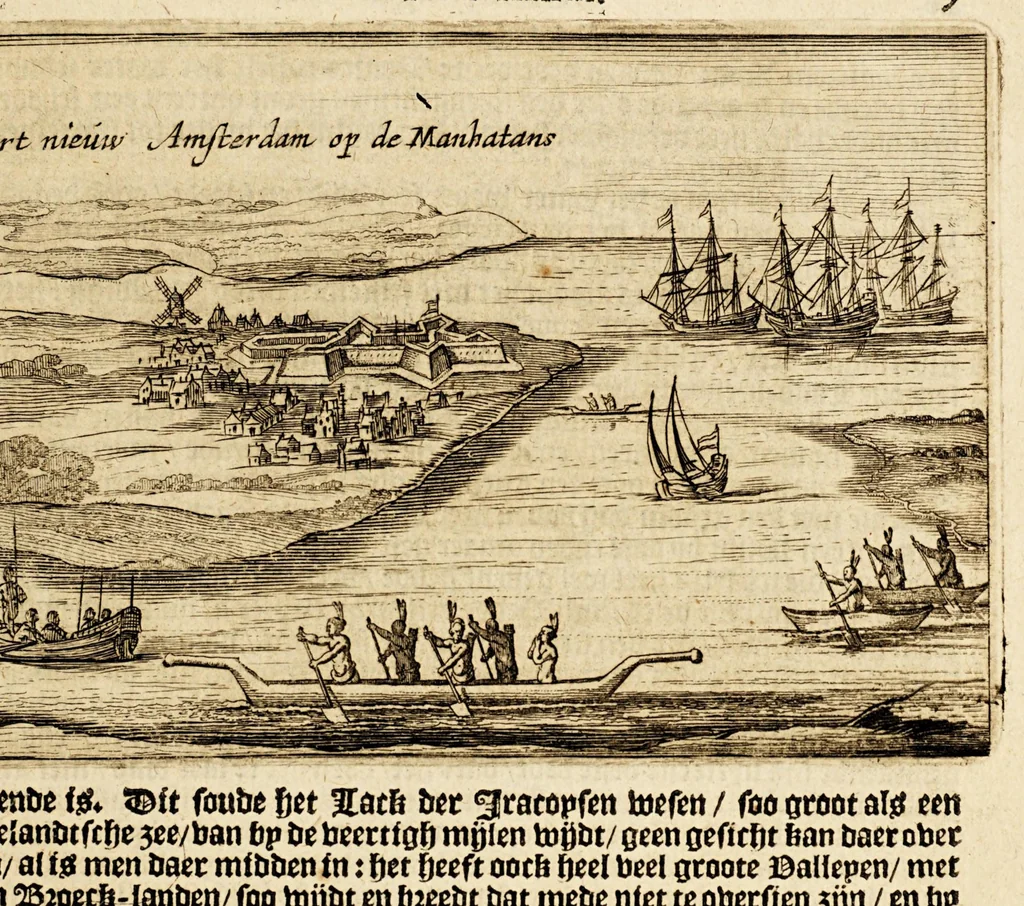 An illustration from Beschryvinge van Nieuvv-Nederlant, : (ghelijck het tegenwoordigh in staet is) begrijpende de nature, aert, gelegentheyt en vrucht-baerheyt van het selve lant; mitsgaders de proffijtelijcke ende gewenste toevallen, die aldaer tot onderhout der menschen, (soo uyt haer selven als van buyten ingegracht) gevonden worden. Als mede de maniere en onghemeyne eygenschappen vande wilden ofte naturellen vanden lande. Ende een bysonder verhael vanden wonderlijcken aert ende het weesen der bevers, daer noch by gevoeght is een discours over de gelegentheyt van Nieuw Nederlandt, tusschen een Nederlandts patriot, ende een Nieuw Nederlander., 1655, leaf 23