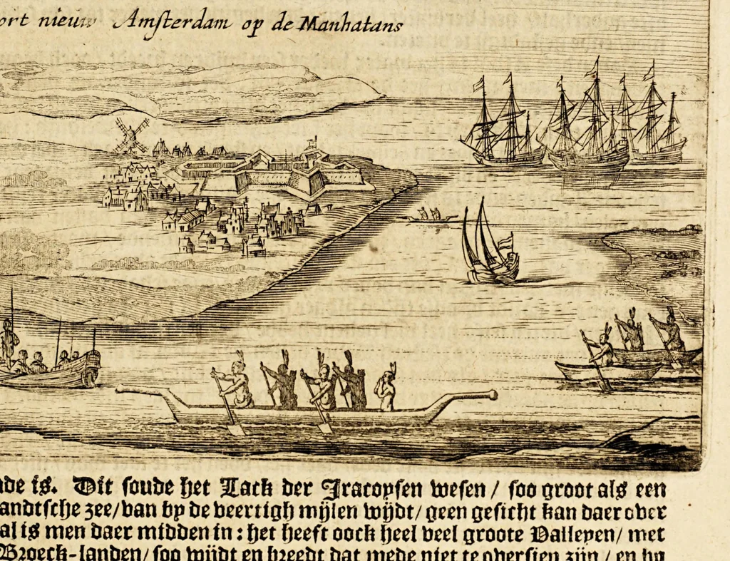 An illustration from Beschryvinge van Nieuvv-Nederlant, : (ghelijck het tegenwoordigh in staet is) begrijpende de nature, aert, gelegentheyt en vrucht-baerheyt van het selve lant; mitsgaders de proffijtelijcke ende gewenste toevallen, die aldaer tot onderhout der menschen, (soo uyt haer selven als van buyten ingebracht) gevonden worden. Als mede de maniere en onghemeyne eygenschappen vande wilden ofte naturellen vanden lande. Ende een bysonder verhael vanden wonderlijcken aert ende het weesen der bevers, daer noch by gevoeght is een discours over de gelegentheyt van Nieuw Nederlandt, tusschen een Nederlandts patriot, ende een Nieuw Nederlander., 1655, leaf 23