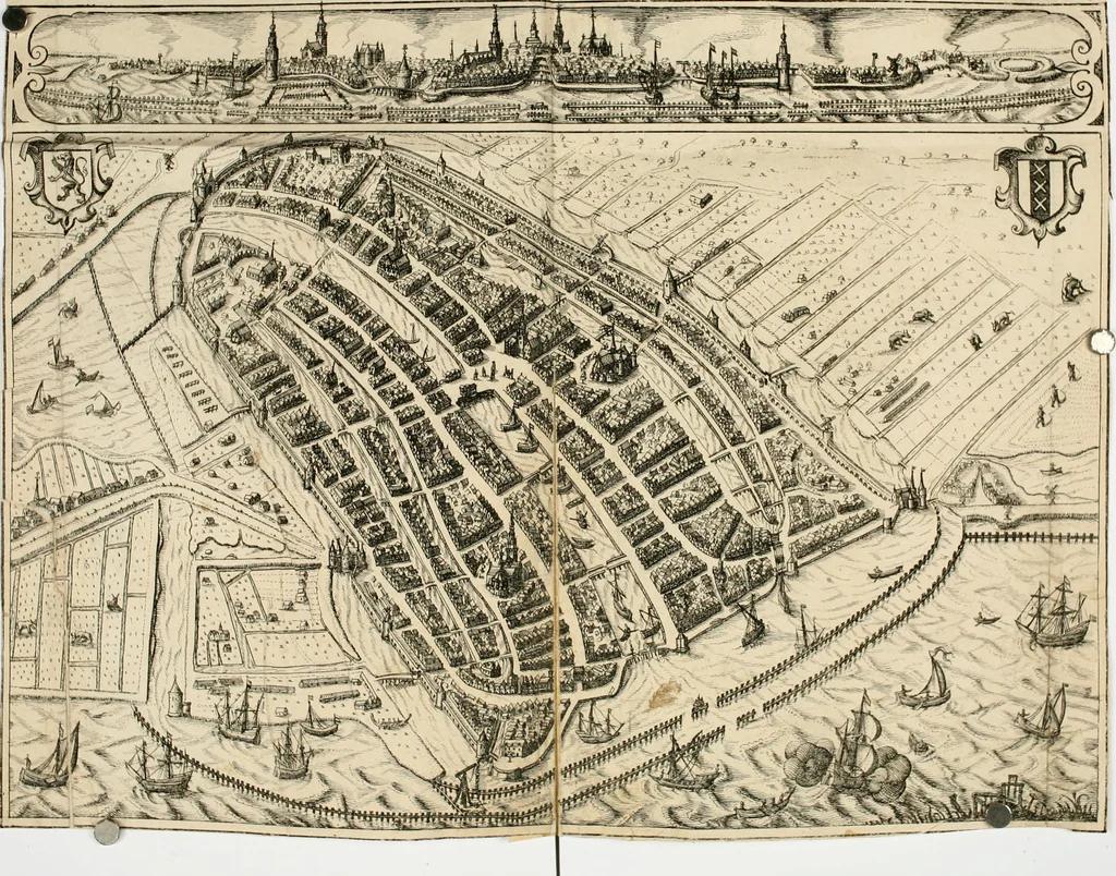 An illustration from Historische beschryvinghe der seer wijt beroemde Coop-stadt Amsterdam : waer inne benevens de eerste beginselen ende opcomsten der stadt, verscheyde privilgien ordonnantien, ende andere ghedenckweerdinghe gheschiedenissen met het ghene de nieuwe vergrootinghen der stadt, als oock de handel ende verre reysen ende de politie betreffende is, tot desen teghenwoordinghen tijt, nae her vervolch der jaeren, verhaelt werdt, 1614, leaf 29
