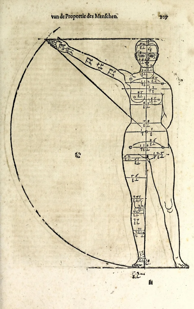 An illustration from Beschryvinghe van Albrecht Durer van de menschelijcke proportion : begrepen in vier onderscheyden boecken, zeer nut ende profijtelijck voor alle lief-hebbers defer konste : in't latijn ende hooghduytsch, tot Nurenbergh ghedruct, tot koste van syne nae-ghelaten weduvve, in't iaer ons Heeren 1527 : ende nu in onse Nederlandtsche sprake over-gheset, tot dienste der ghener die de konste beminnen, ende de latijnsche ofte hooghduytsche sprake niet en cerstaen, 1622, leaf 115
