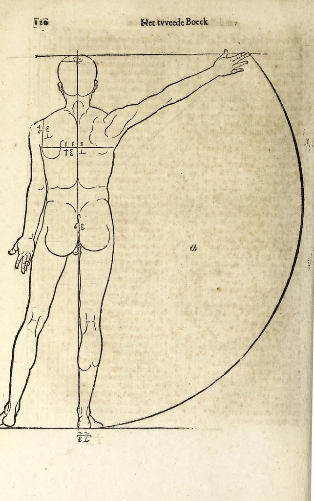 An illustration from Beschryvinghe van Albrecht Durer van de menschelijcke proportion : begrepen in vier onderscheyden boecken, zeer nut ende profijtelijck voor alle lief-hebbers defer konste : in't latijn ende hooghduytsch, tot Nurenbergh ghedruct, tot koste van syne nae-ghelaten weduvve, in't iaer ons Heeren 1527 : ende nu in onse Nederlandtsche sprake over-gheset, tot dienste der ghener die de konste beminnen, ende de latijnsche ofte hooghduytsche sprake niet en cerstaen, 1622, leaf 128